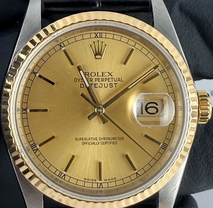 Rolex Datejust 36 Champagne Stick Dial on Generic Black Leather Strap Ref. 16233 1991