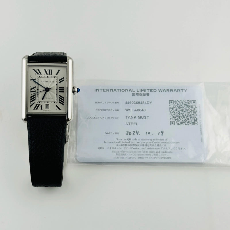 Cartier Tank Must XL Silver Roman Dial on Leather Strap Ref 4490/WSTA0040 with Card 2024