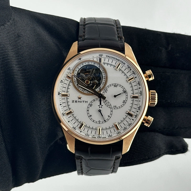 Zenith El Primero Tourbillon White Chronograph Dial on Dark Brown Leather Ref 18.2280.4035 with Card 2023