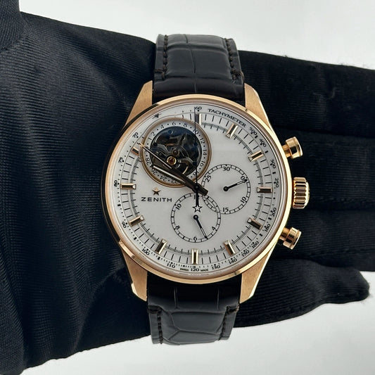 Zenith El Primero Tourbillon White Chronograph Dial on Dark Brown Leather Ref 18.2280.4035 with Card 2023