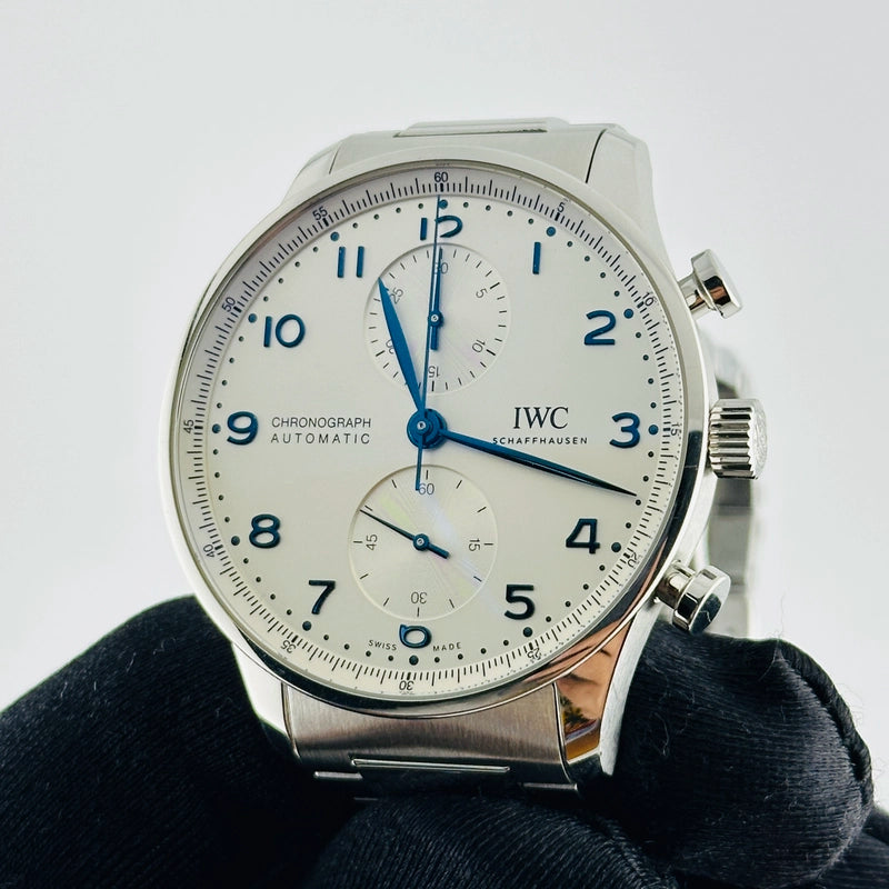 Iwc Portugieser Chronograph Silver Dial on Leather Strap Ref IW371605 with Card 2020