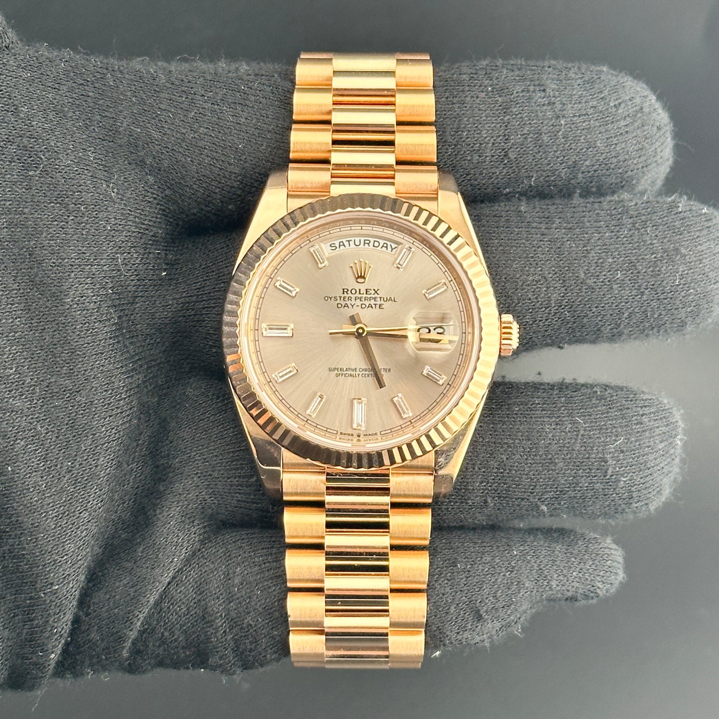 Rolex Day Date Sundust Baguette Dial on President Bracelet Ref. 228235 Card 2017 — view 2