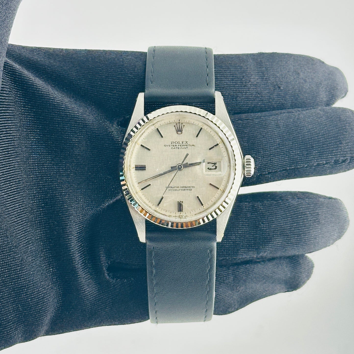 Rolex Datejust Silver Linen Stick Dial on Generic Leather Band Ref. 1601 1970