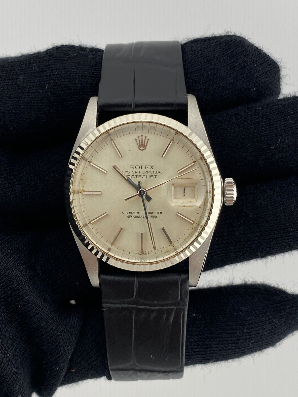 Rolex Datejust 36 Silver Stick Dial on Generic Leather Strap Ref. 16014