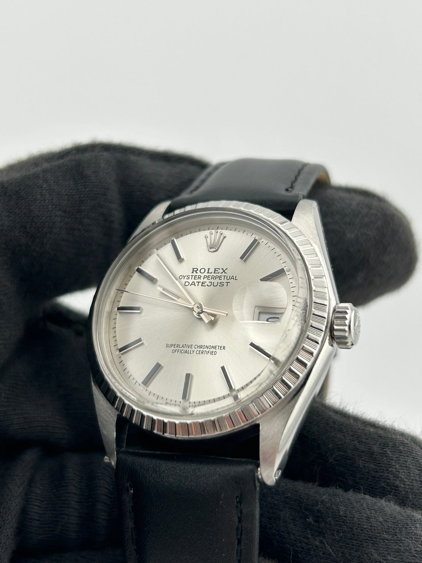 Rolex Datejust Silver Stick Dial on Generic Black Leather Band Ref. 1601 1971 — view 2
