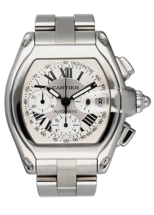 Cartier Roadster XL Chrono Silver Roman Numerals Dial on Stainless Steel Bracelet Ref 2618