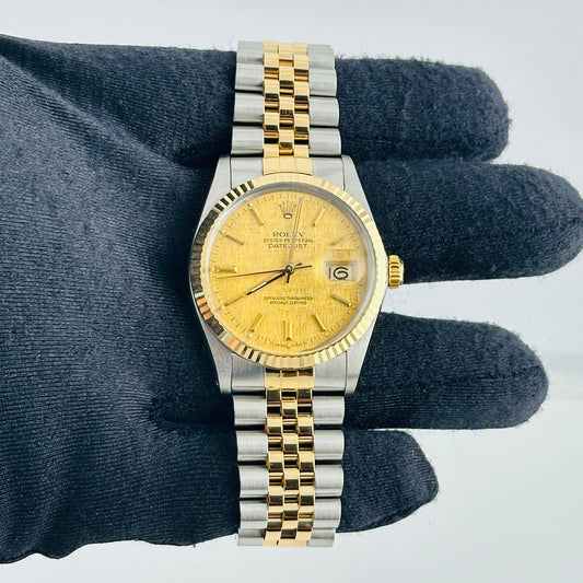 Rolex Datejust Champagne Linen Stick Dial on D Link Jubilee Bracelet Ref. 16013 Papers 1986 — view 2