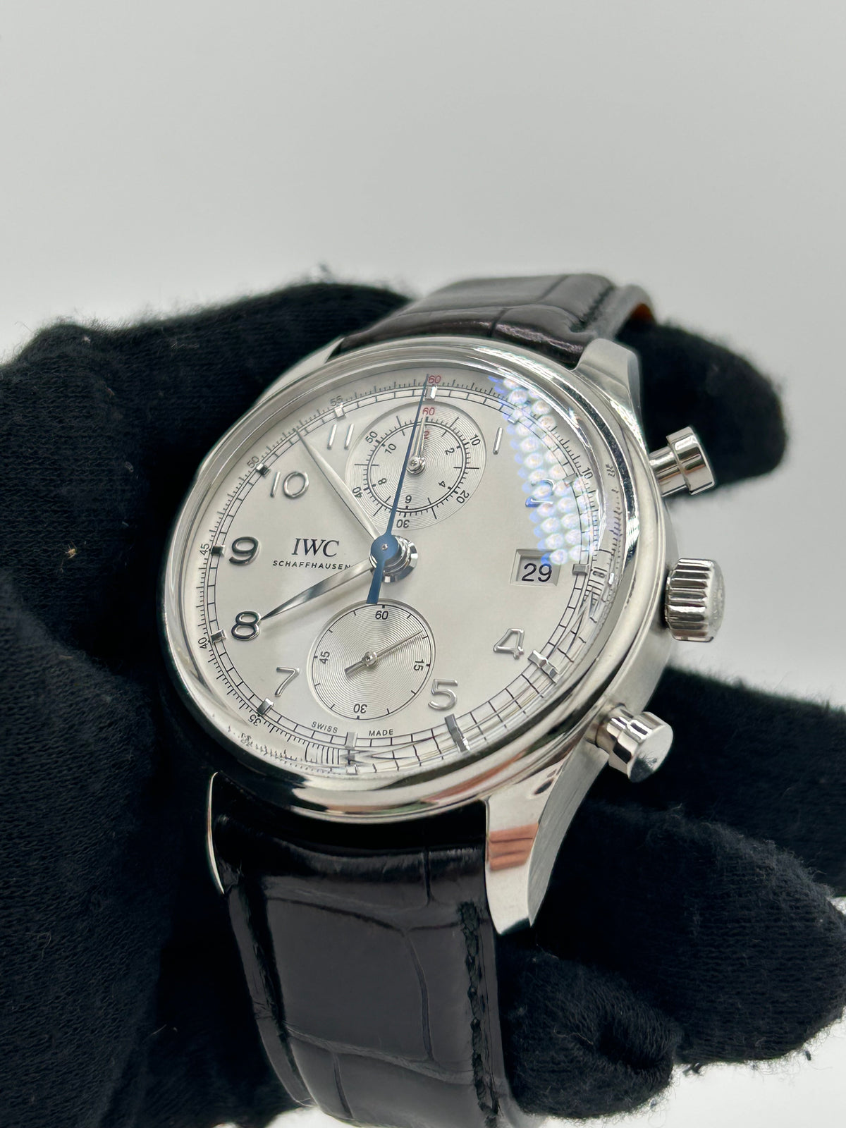 Iwc Portugieser Chronograph Classic Silver Dial on Black Leather Strap Ref. 1W390403 — view 3