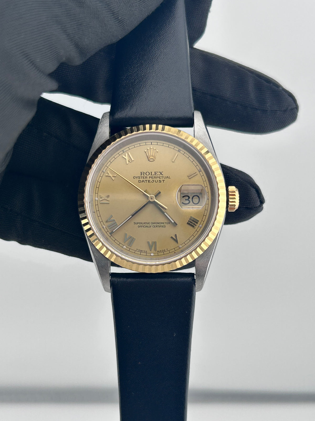 Rolex Datejust 36 Champagne Roman Dial on Generic Black Leather Band Ref. 16233