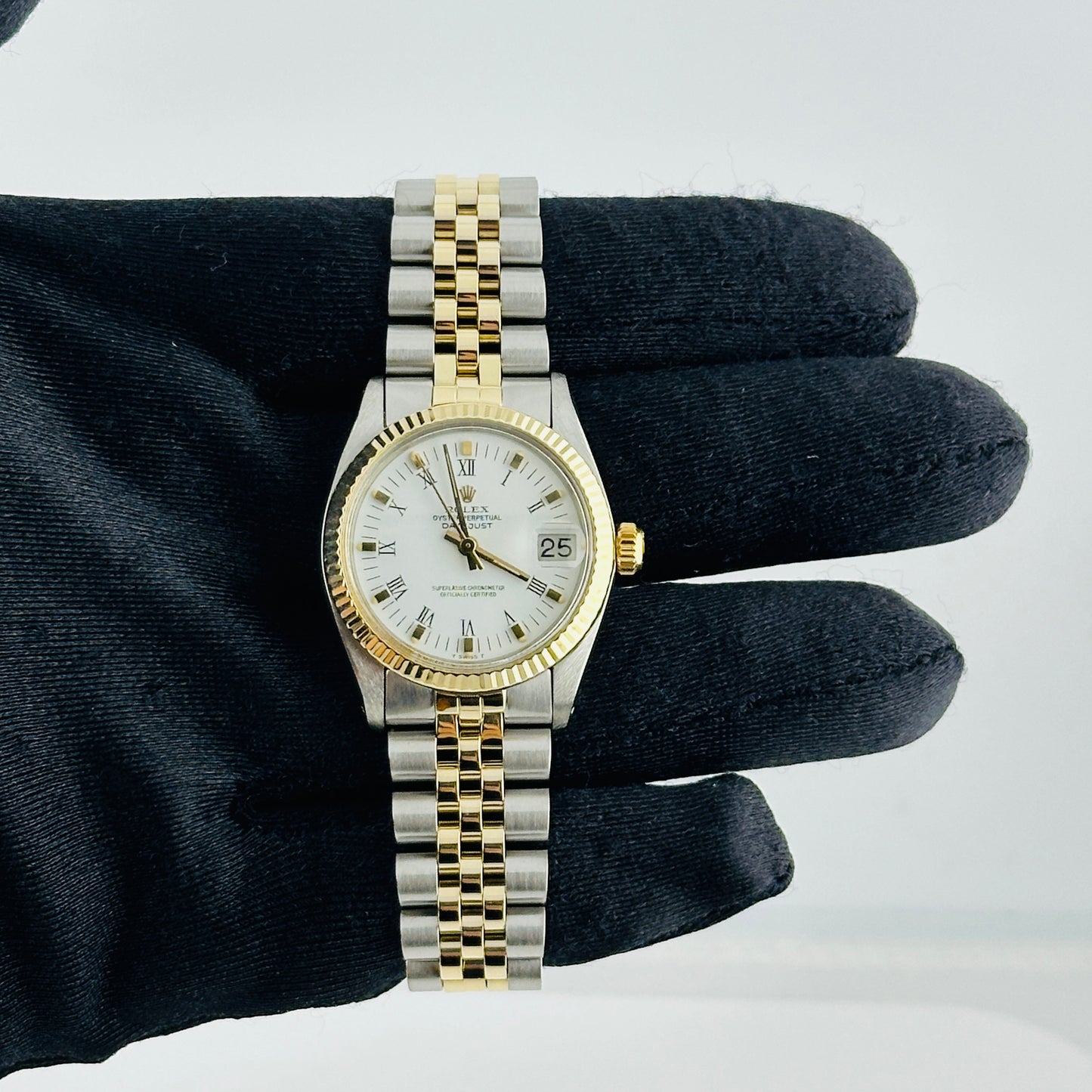 Rolex Datejust White Roman Dial on D Link Jubilee 14k Ref. 6827 Papers 1985