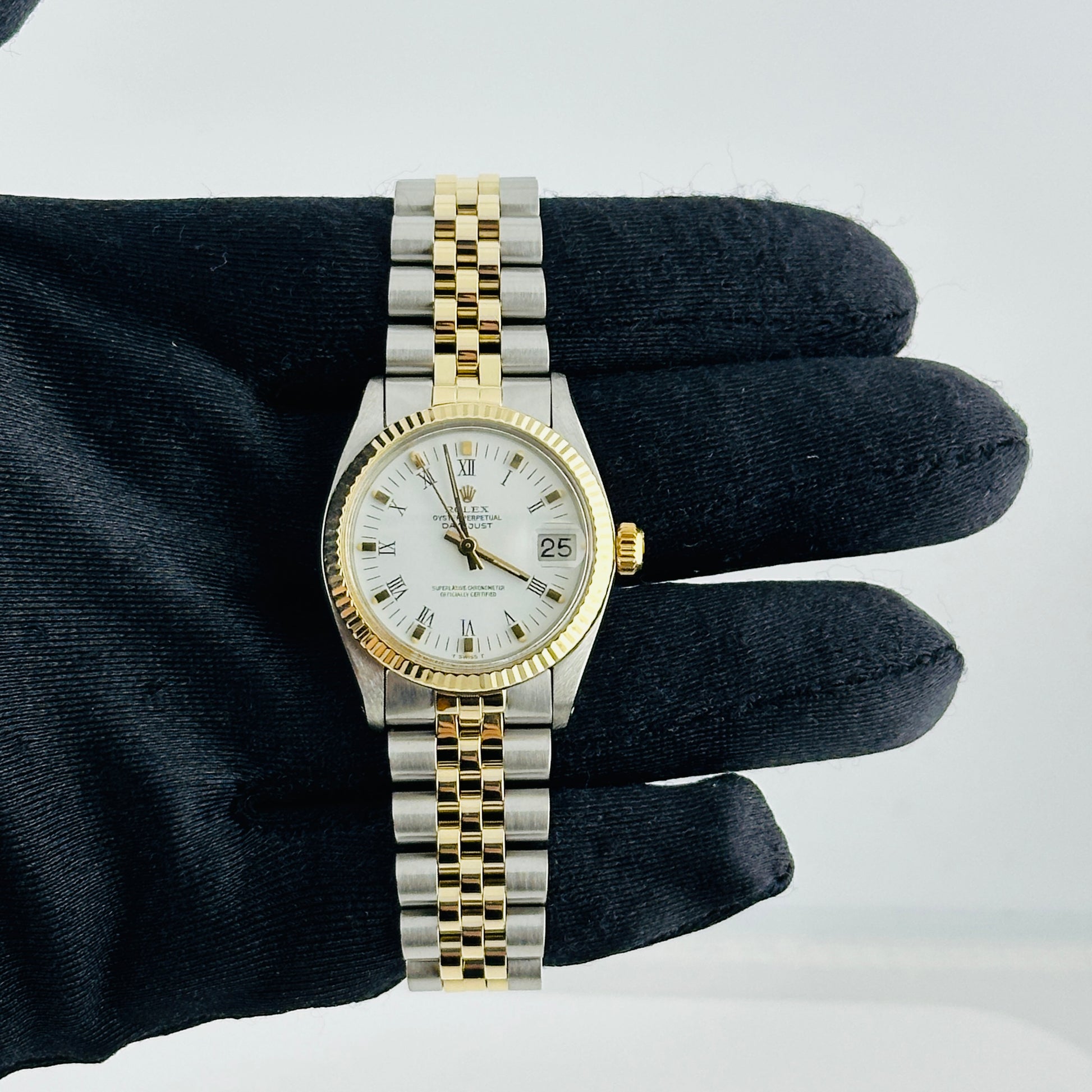 Rolex Datejust White Roman Dial on D Link Jubilee 14k Ref. 6827 Papers 1985