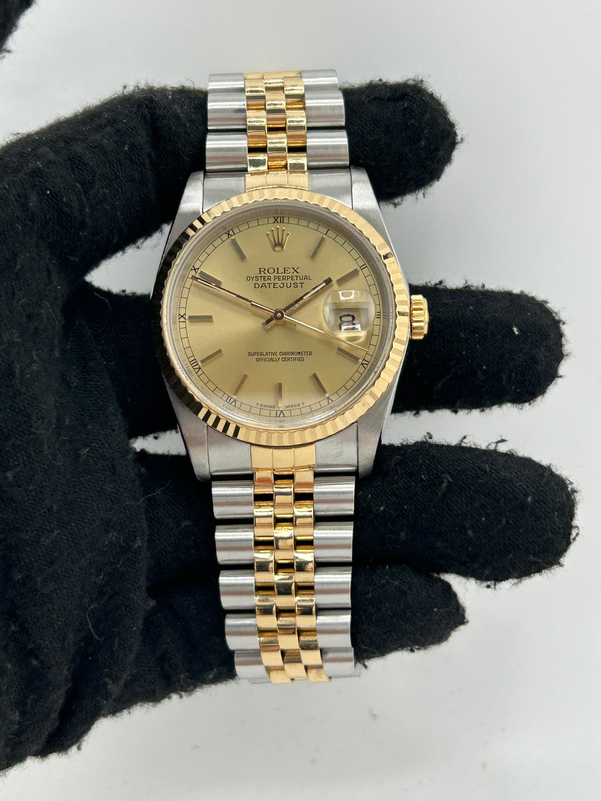 Rolex Datejust 36 Champagne Stick Dial on 2 Tone Jubilee D Link Bracelet Ref. 16233 1989