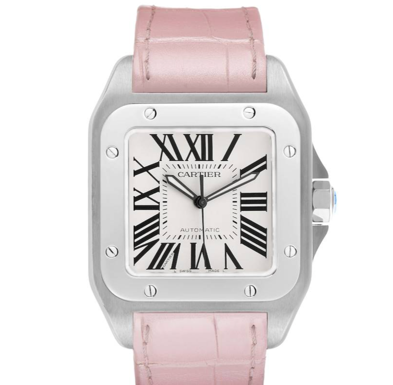 Cartier Santos 100 Silvere Opaline Roman Numeral Dial on Pink Leather Band Ref. W20126X8 Card 2017
