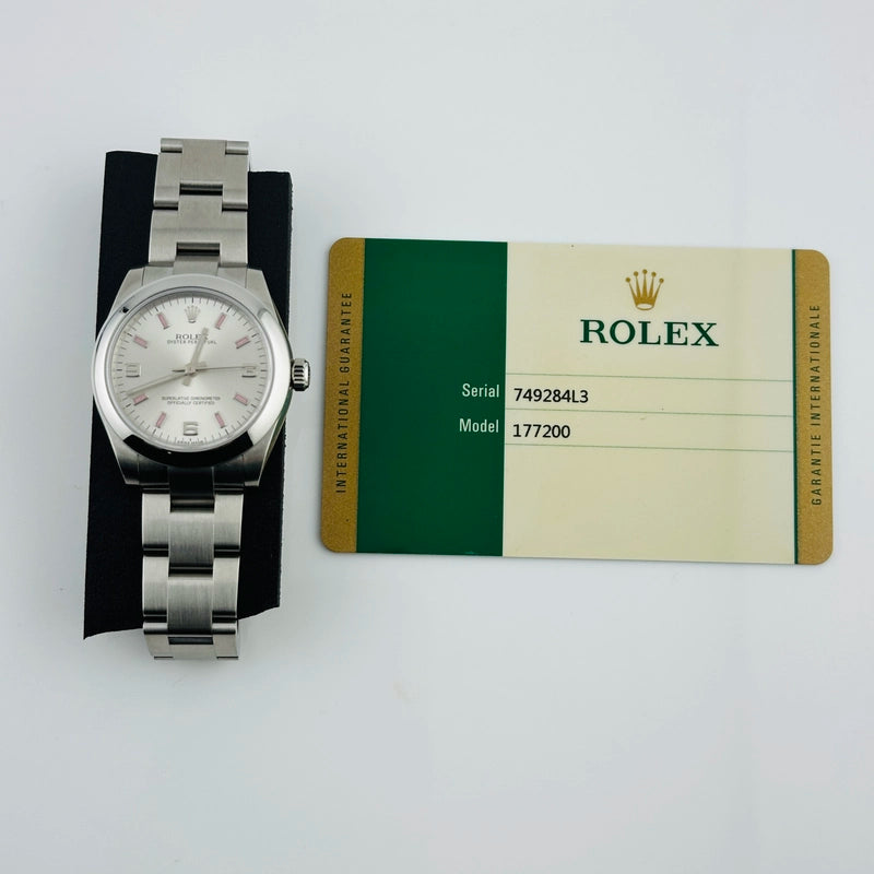 Rolex Oyster Perpetual Silver / Pink Markers Dial on Oyster Ref 177200 with New Style Card White 2015