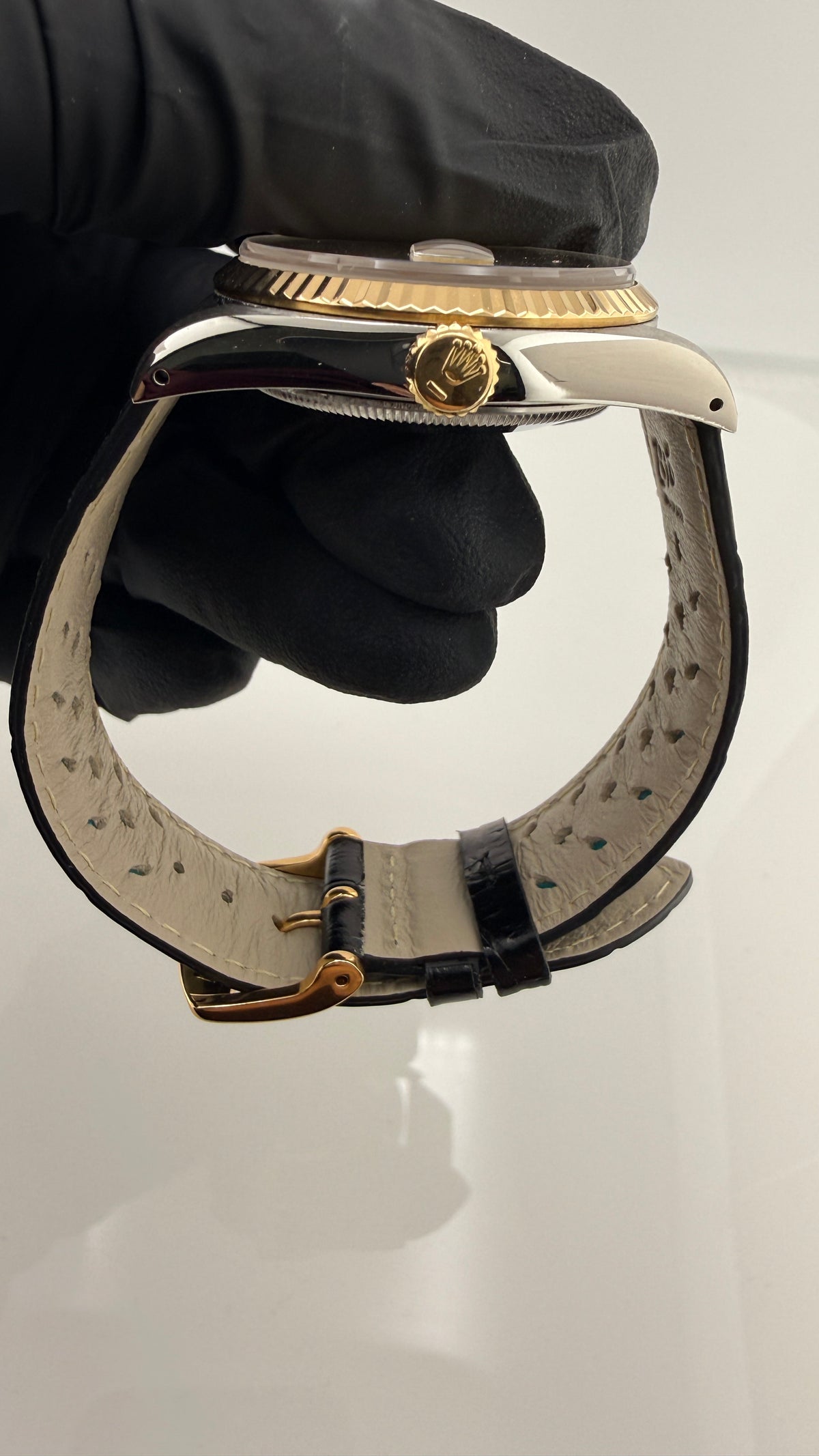 Rolex Datejust Champagne Diamond Factory Dial on Generic Black Leather Band Ref. 16233G 1991 — view 3