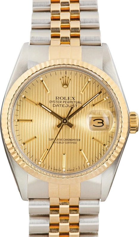 Rolex Datejust 36 Gold Tapestry Stick Dial on Jubilee Ref 16233 with Papers 2004