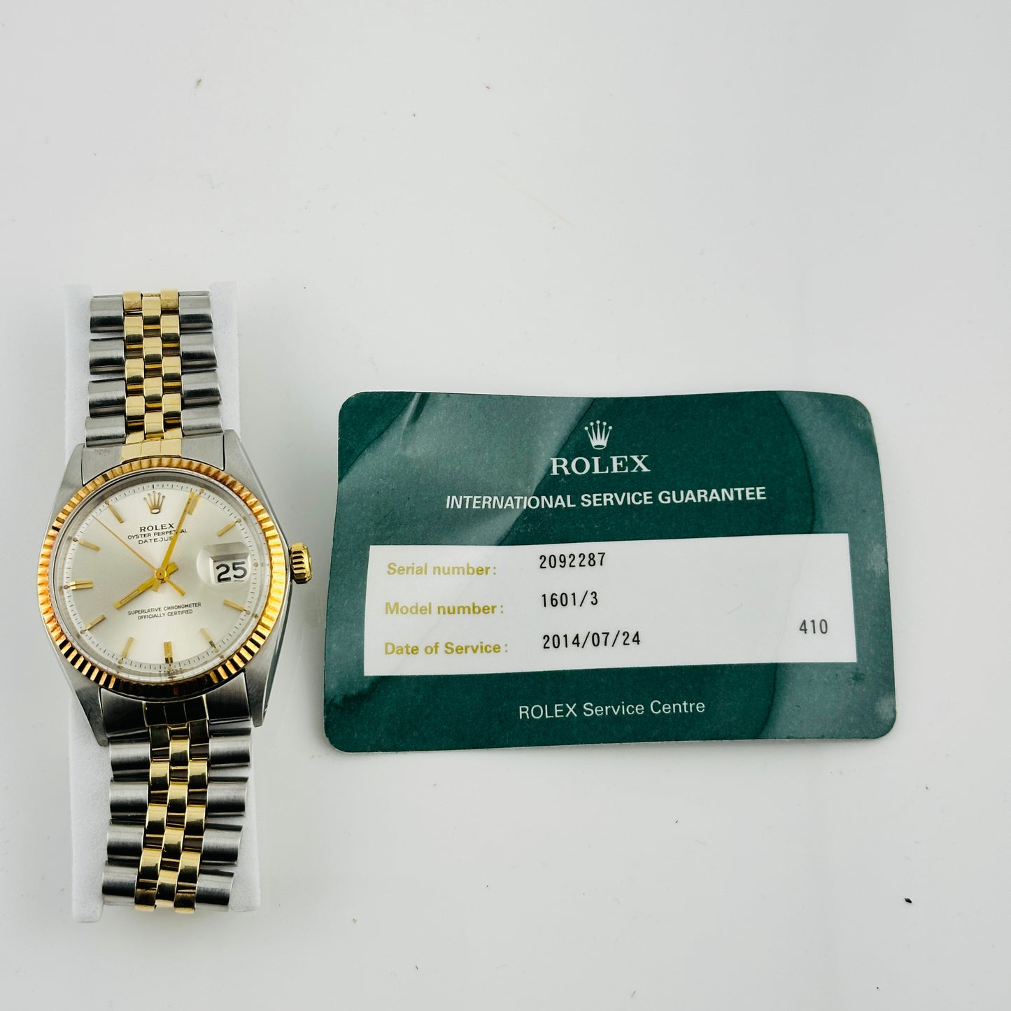 Rolex Datejust Silver / Gold Stick Dial on D Link Jubilee Bracelet Ref. 1601/3 Service Papers 1969 — view 6