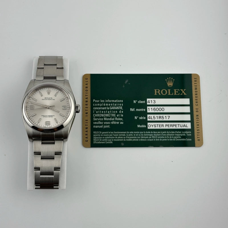 Rolex Oyster Perpetual Silver Dial on Oyster Ref 116000 with Card Old Green 2014