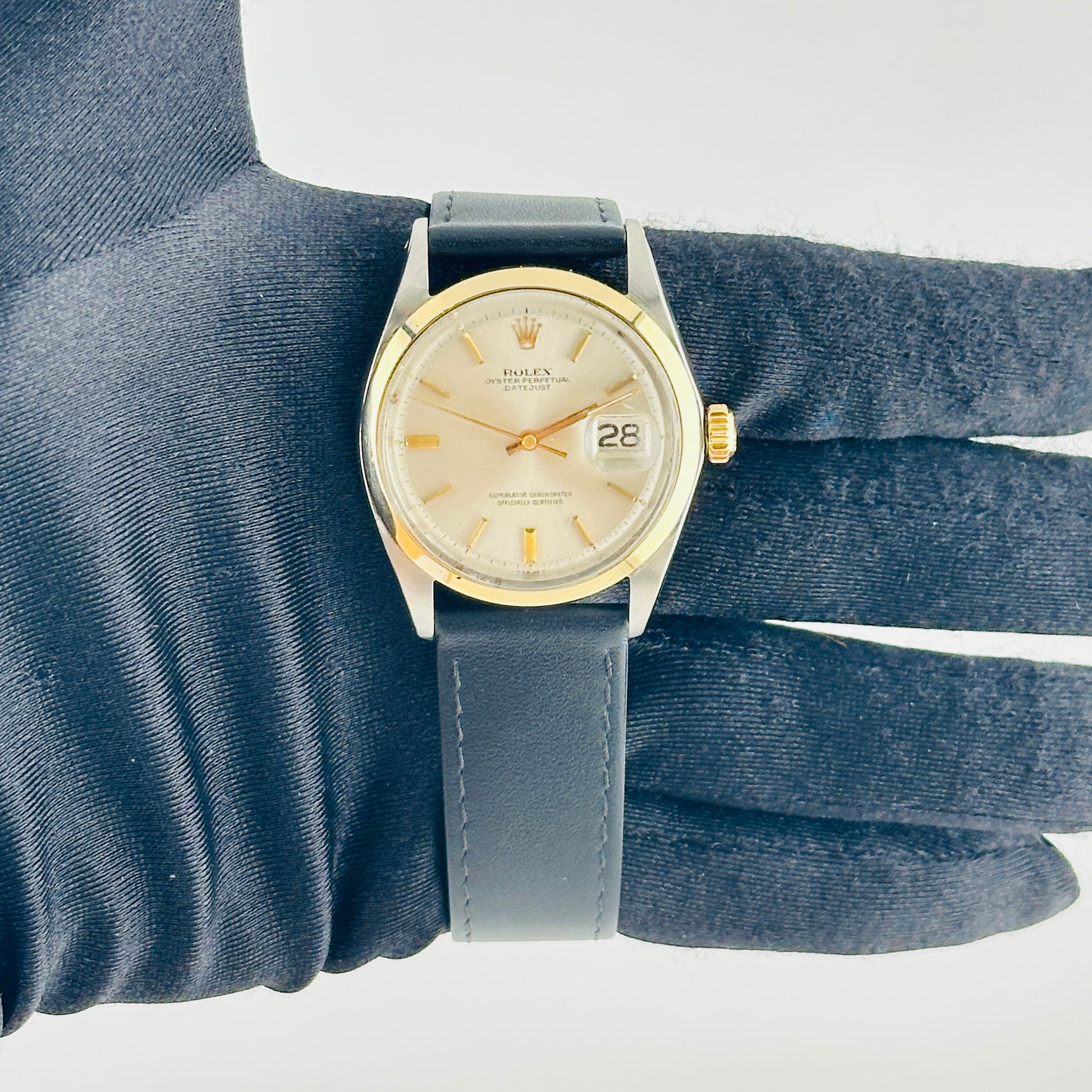 Rolex Datejust Silver / Gold Stick Dial on Generic Leather Band Ref. 1600/3 1969