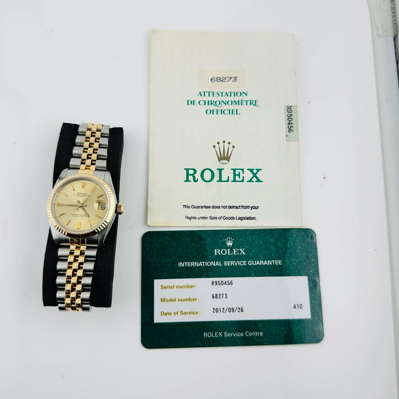Rolex Datejust Champagne Stick Dial on D Link Jubilee Ref 68273 with Papers 1988
