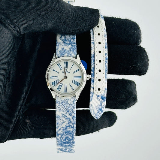 Omega De Ville Mini Tr√©sor Quartz White / Blue Roman Markers Dial on Fabric Strap Ref 428.17.26.60.04.001 with Card