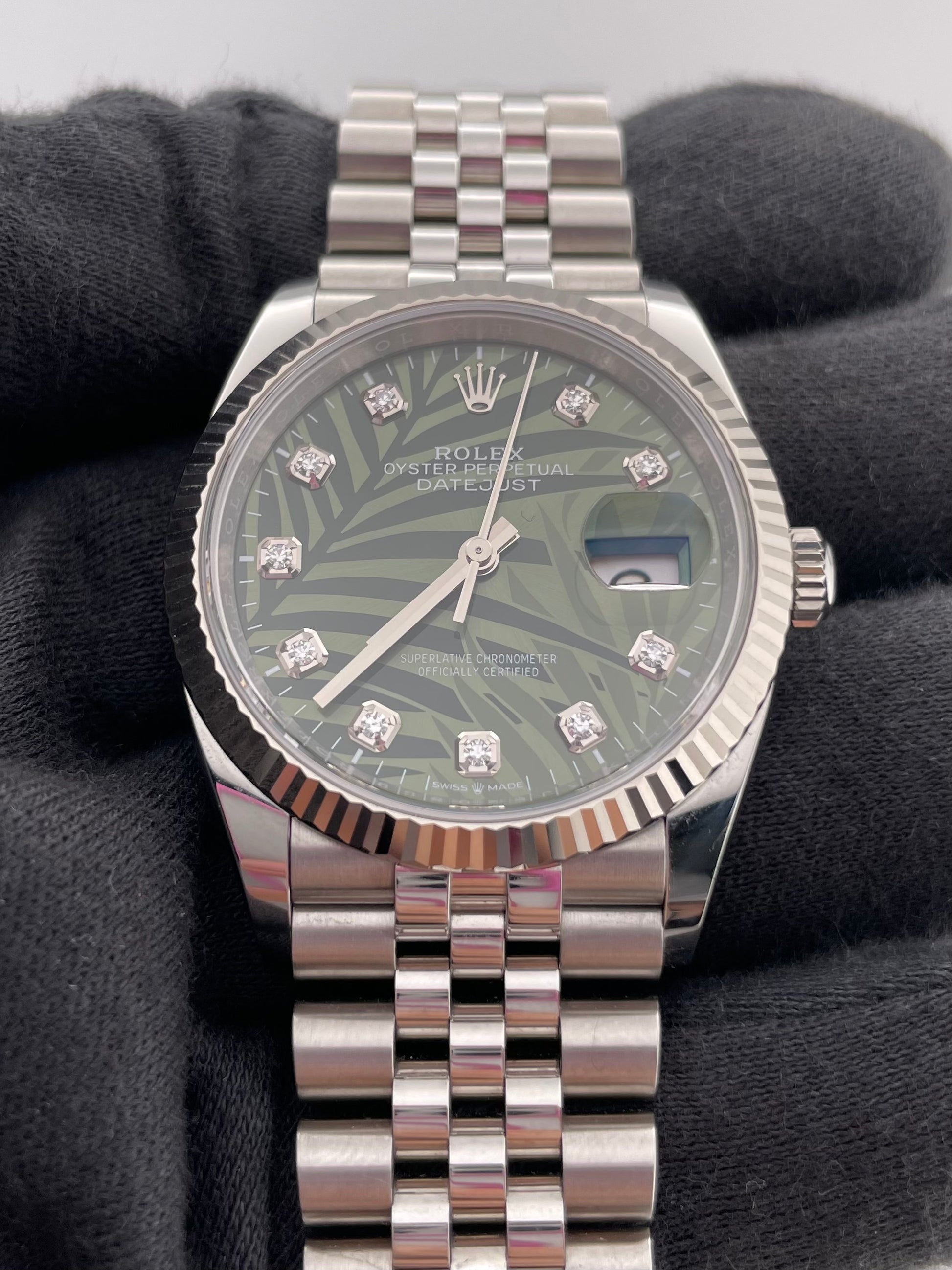 Rolex Datejust Olive Green Palm Motif Diamond 6 Dial on Jubilee Ref. 126234 Card 2023 — view 3