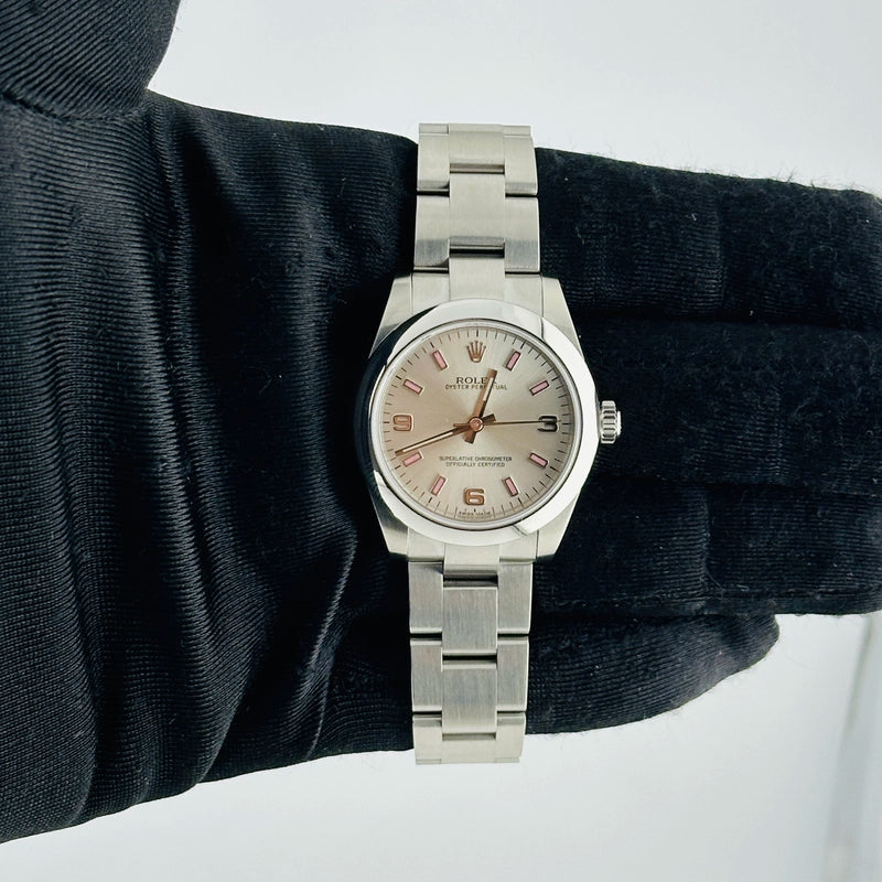 Rolex Oyster Perpetual Silver / Pink Markers Dial on Oyster Ref 177200 with New Style Card White 2015
