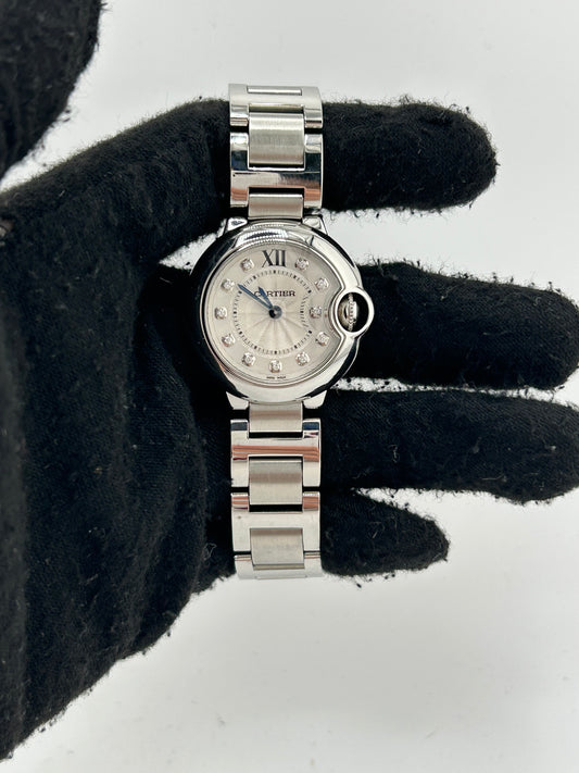 Cartier Ballon Bleu 28 Silver Diamond Dial on Stainless Steel Bracelet Ref. WE902073 Card 2019
