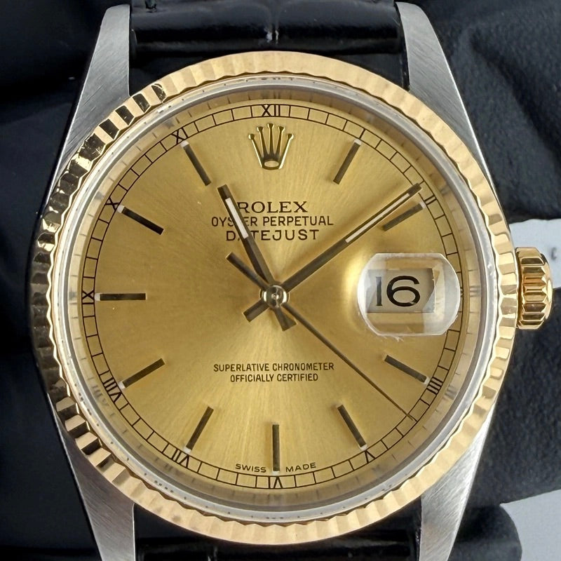 Rolex Datejust 36 Champagne Stick Dial on Generic Black Leather Band Ref. 16233 1996