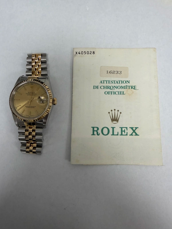 Rolex Datejust Champagne Stick Dial on D Link Jubilee Ref 16233 with Papers 1993