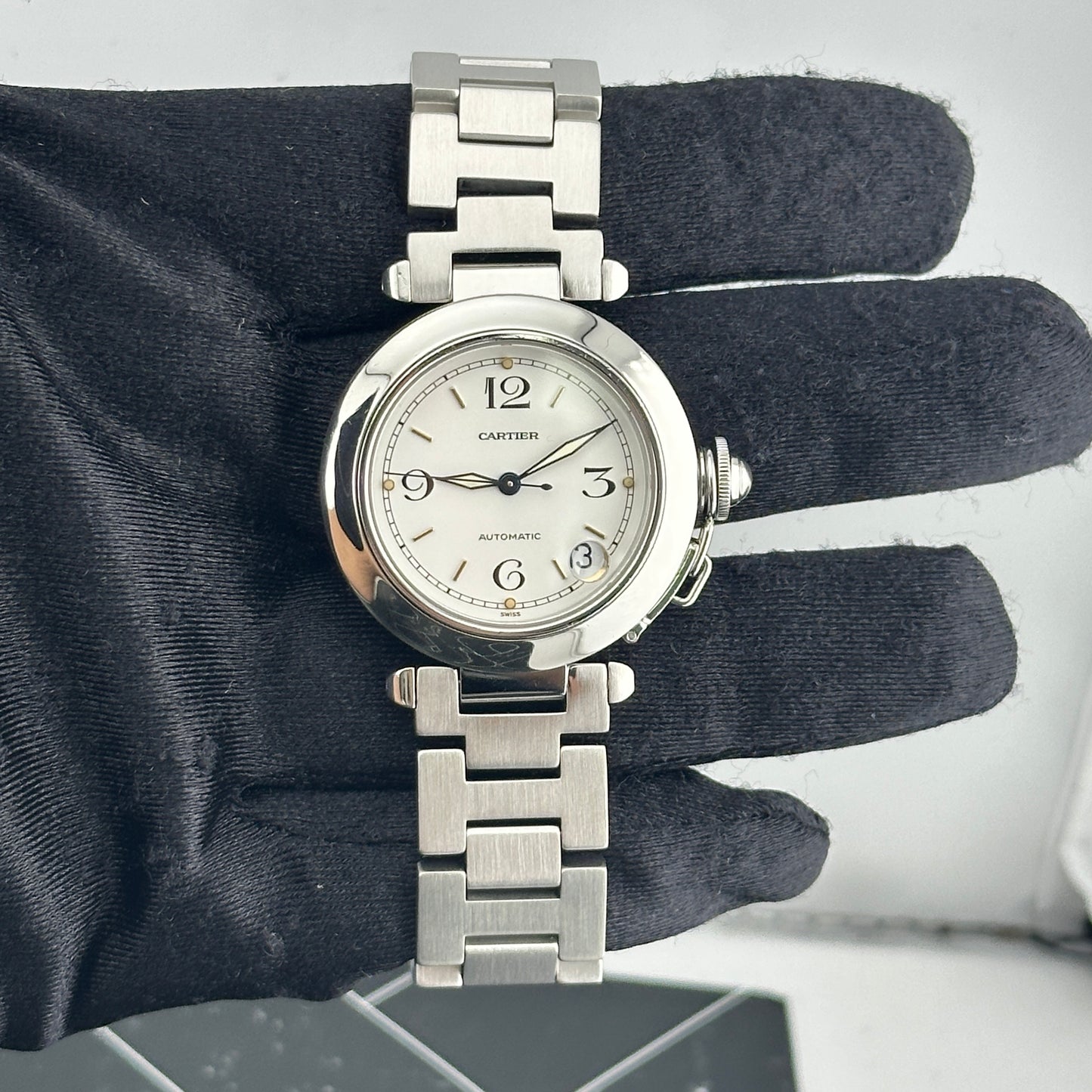 Cartier Pasha C White Arabic W Gold Markers Dial on Stainless Steel Bracelet Ref. 2324 — view 2