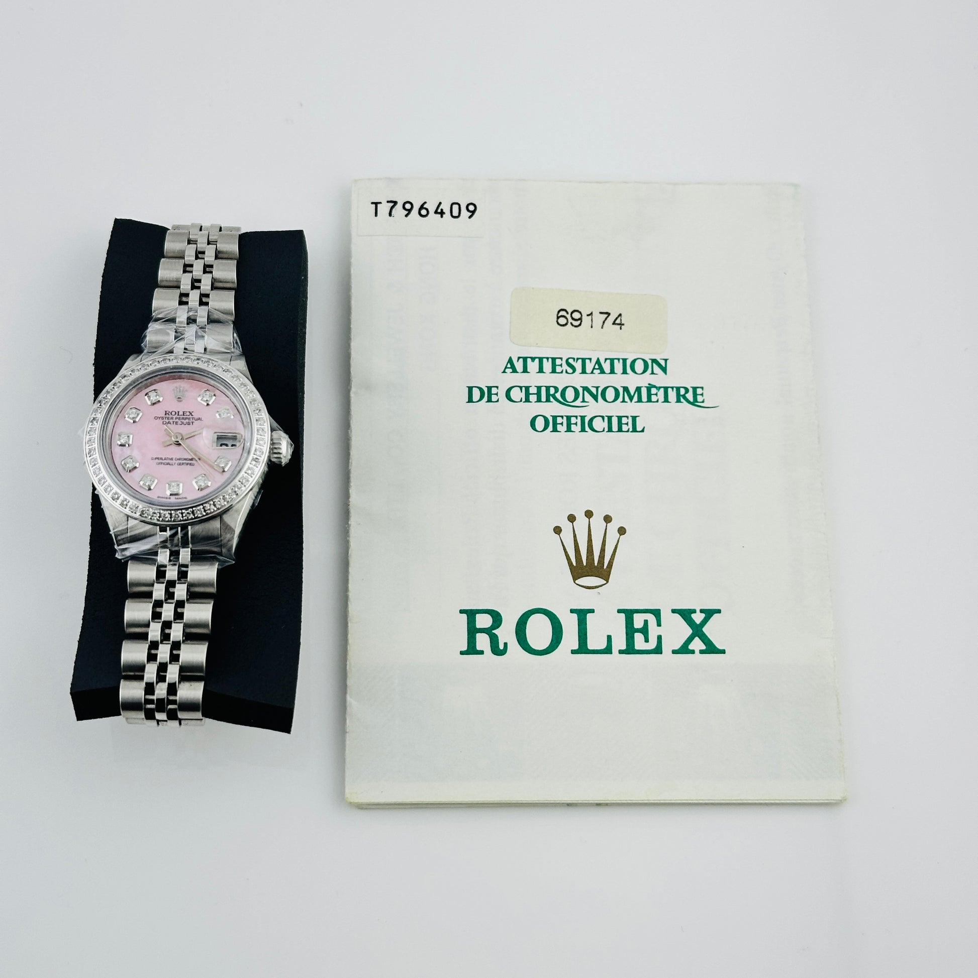 Rolex Datejust Lady Am Pink Mop Diamond Dial on D Link Jubilee Bracelet Ref. 69174 Papers Open Date — view 6