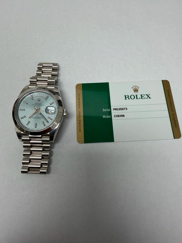 Rolex Day-Date 40 Ice Blue Diagonal Motif Index Dial on President Ref 228206 with New Style Card White 2019