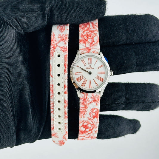 Omega De Ville Mini Tr√©sor Quartz White / Pink Roman Markers Dial on Fabric Strap Ref 428.17.26.60.04.003 with Card