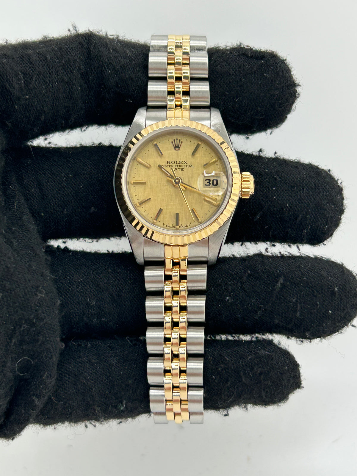 Rolex Date Champagne Linen Stick Dial on 2 Tone Jubilee D Link Bracelet Ref. 69173 1986 — view 2