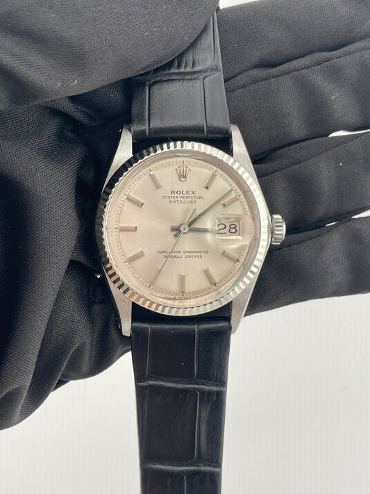 Rolex Datejust Silver Stick Dial on Generic Black Leather Strap Ref. 1601/4 1970 — view 2