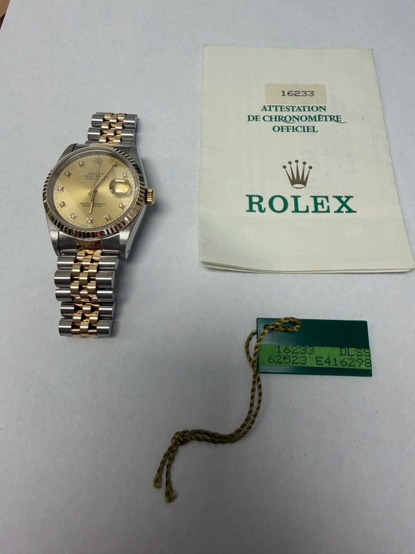 Rolex Datejust 36 Champagne Diamond Dial on Jubilee Ref 16233 with Papers 1991