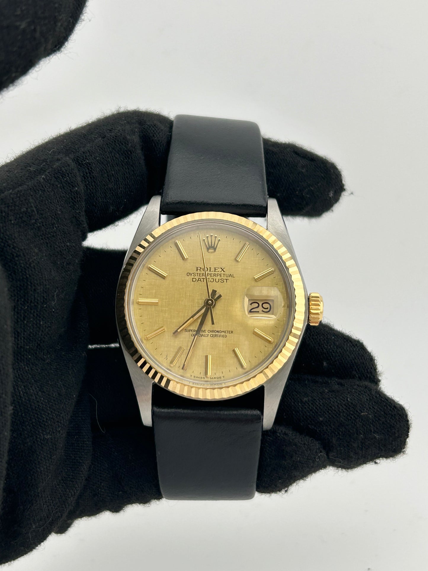 Rolex Datejust Champagne Linen Stick Dial on Generic Black Leather Band Ref. 16013 1988