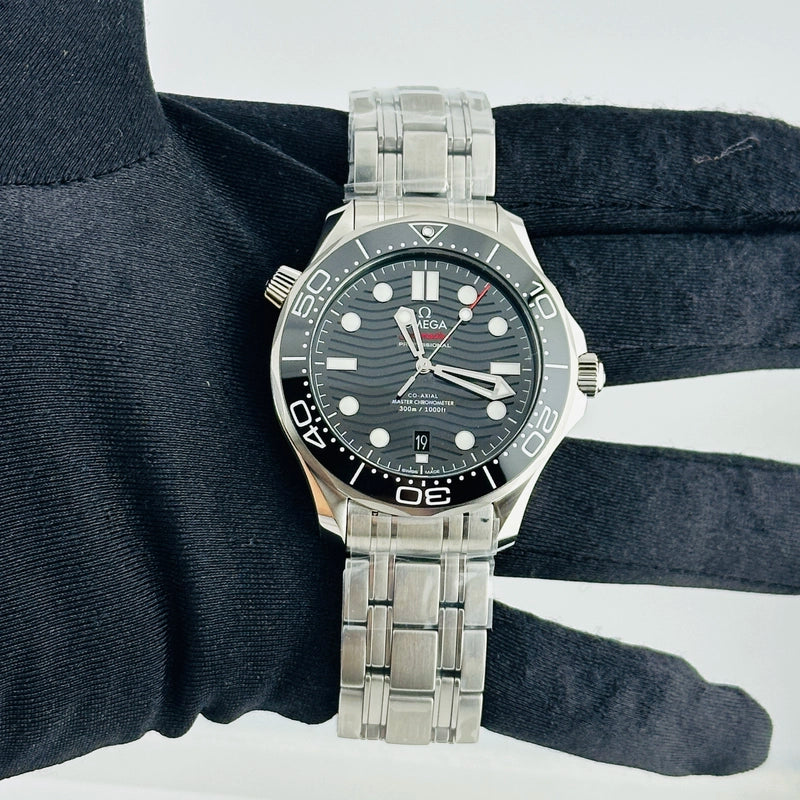 Omega Seamaster Diver 300M Co-Axial Master Chronometer Black Dial With Laser Engraved Waves Dial on Bracelet Ref 210.30.42.20.01.001 with Card