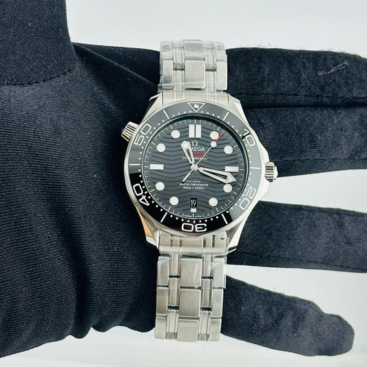 Omega Seamaster Diver 300M Co-Axial Master Chronometer Black Dial With Laser Engraved Waves Dial on Bracelet Ref 210.30.42.20.01.001 with Card