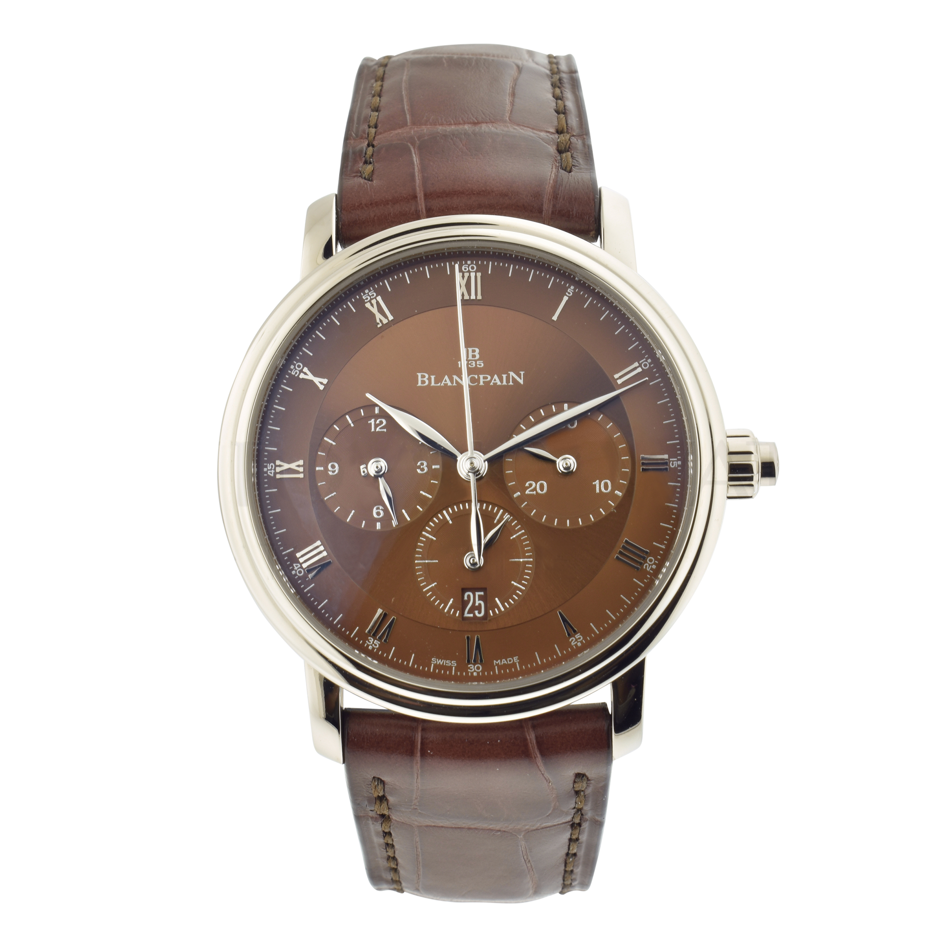 Blanc Pain Villeret Chrono Brown Roman Dial on Brown Leather Ref. 6185-1546A-55B Card 2019