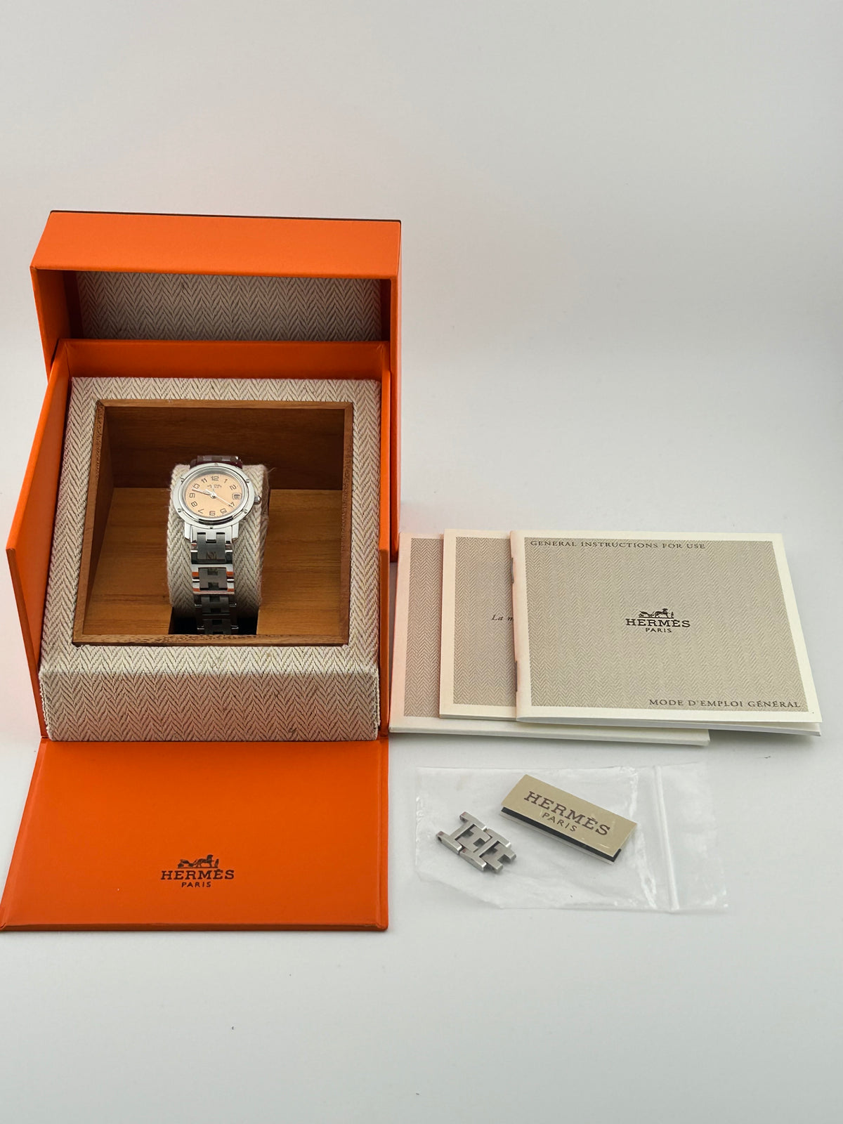 Hermes Clipper Salmon / Arabic Numerals Dial on Stainless Steel Ref. CL4.210 Complete 1999 — view 5