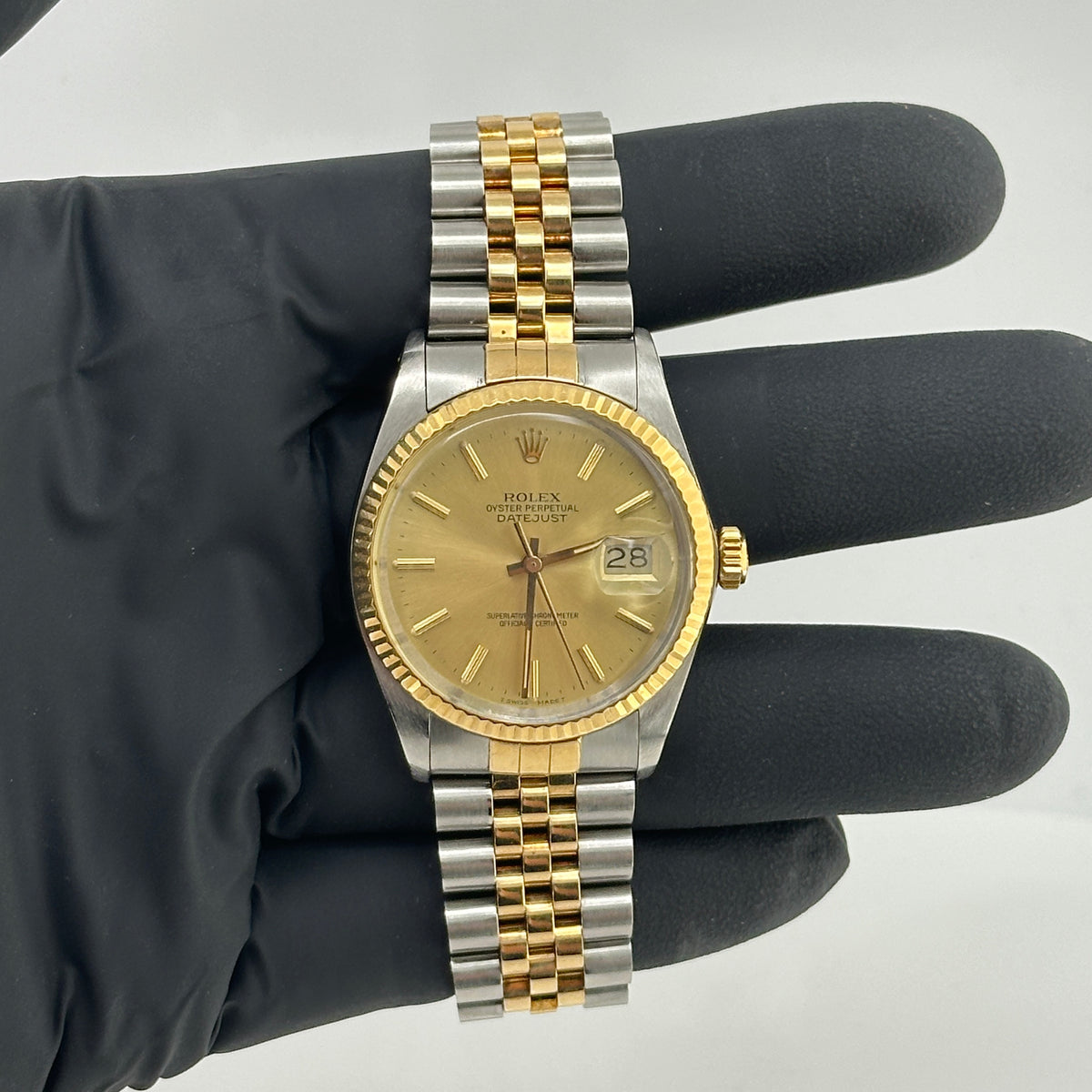 Rolex Datejust Champagne Stick Dial on D Link Jubilee Bracelet Ref. 16013 Papers 1986 — view 2