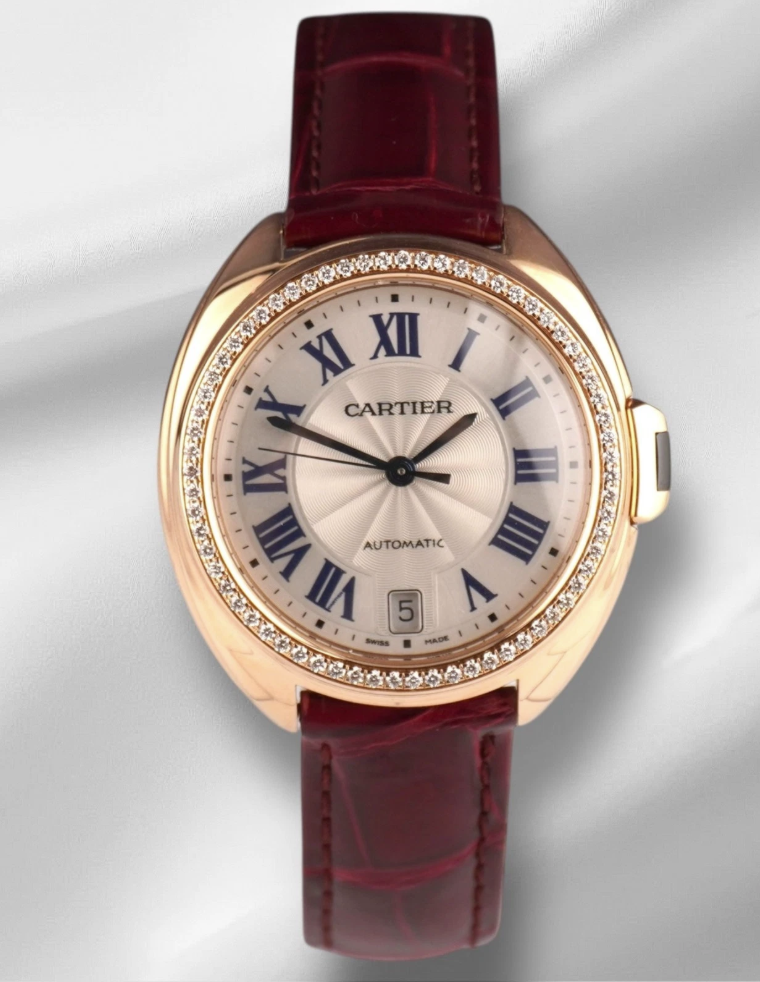Cartier Cle Silver Roman Dial on Maroon Leather Ref. 3854 Papers 2019