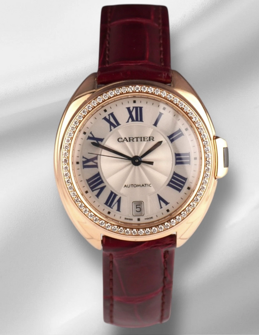 Cartier Cle Silver Roman Dial on Maroon Leather Ref. 3854 Papers 2019