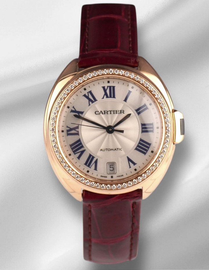 Cartier Cle Silver Roman Dial on Maroon Leather Ref. 3854 Papers 2019