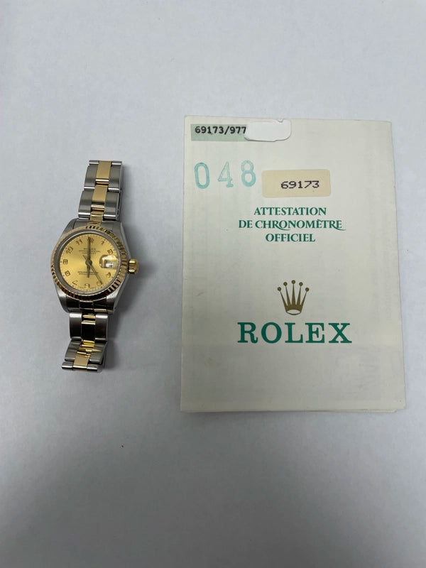 Rolex Datejust Gold Arabic Dial on Oyster Ref 69173 with Papers 1987