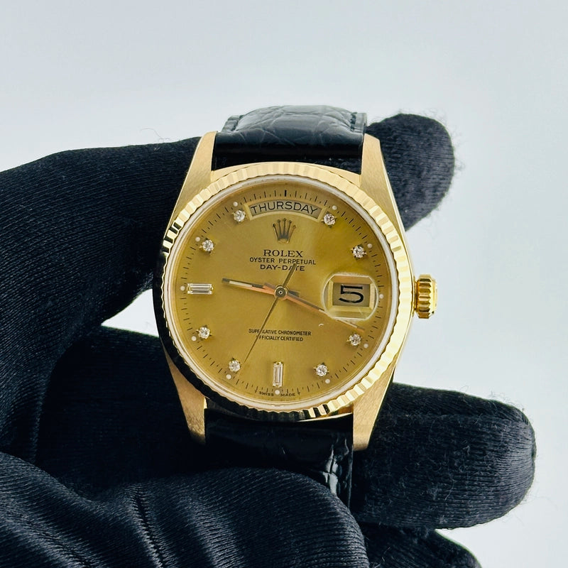 Rolex Day Date Champagne Diamond Factory Dial on Am Leather Ref 18038