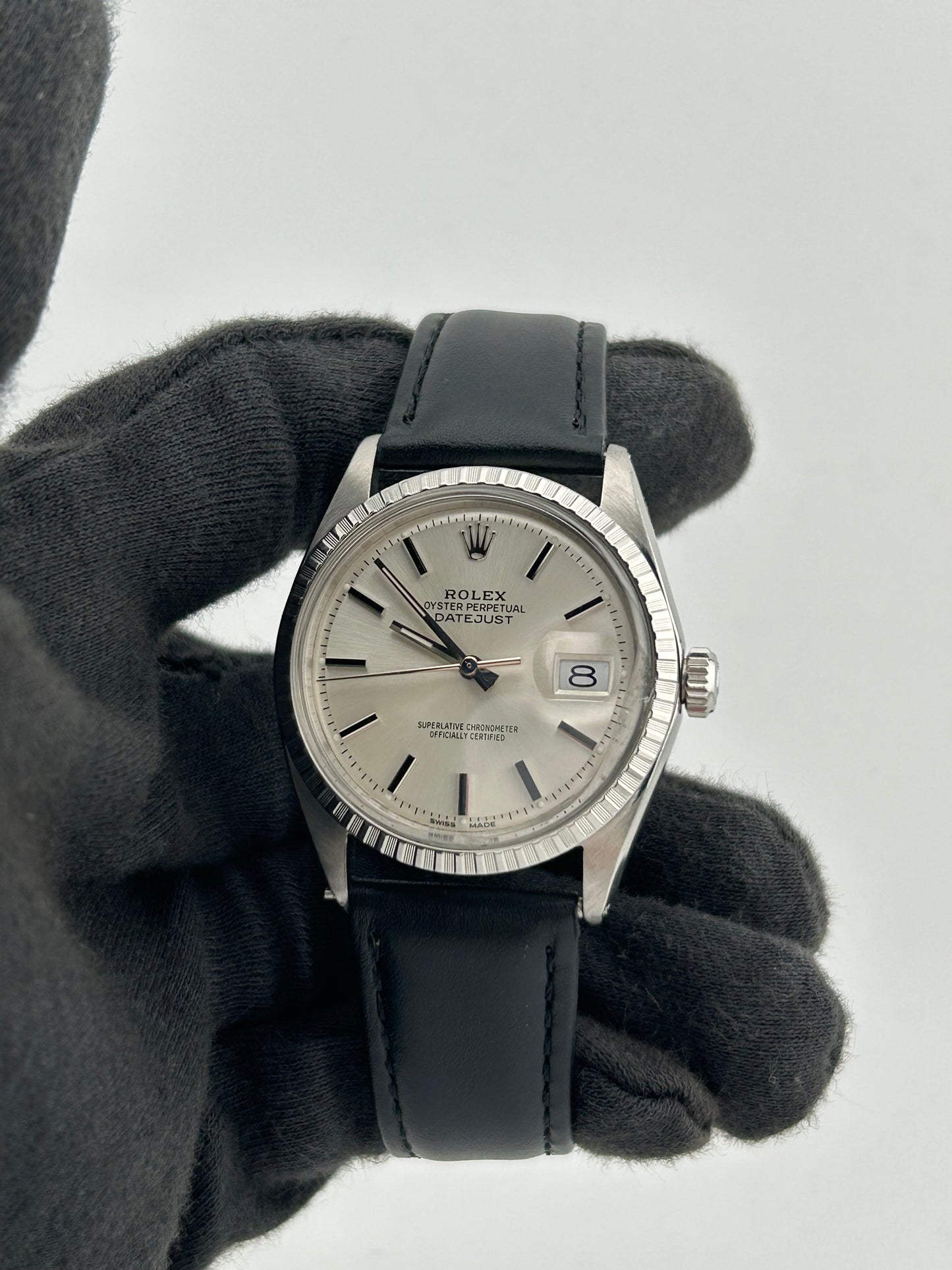 Rolex Datejust Silver Stick Dial on Generic Black Leather Band Ref. 1601 1971
