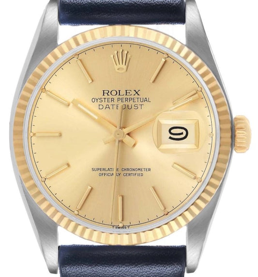 Rolex Datejust 36 Champagne Stick Dial on Generic Black Leather Strap Ref. 16233 1989
